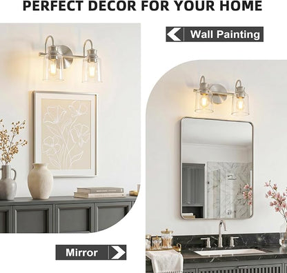 2 Lights Bathroom Light Fixtures Brushed Nickel Vanity Lights | ETL Certificate, Easy to Install,Wall Mount Up or Down,Thickened Glass Lampshade,E26 Socket,Hardwired