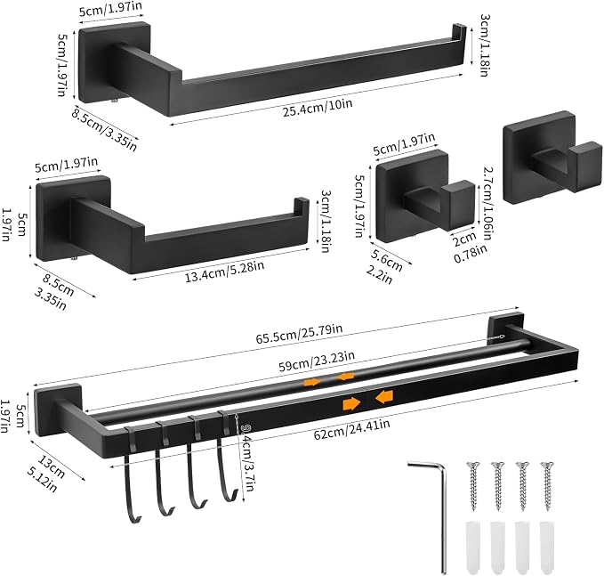 9 Piece Matte Black Bathroom Hardware Set, 24 Inch Double Towel Bar with Removable Hooks, SUS304 Stainless Steel Wall Mounted Heavy Duty Rustproof Accessories for Bathroom Kitchen