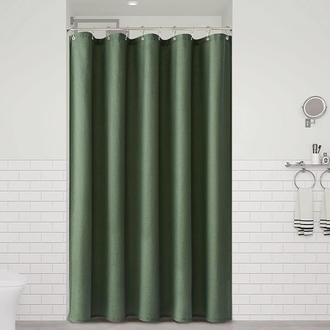 60 Inch Shower Curtain - Stall Narrow Half Green Linen Ultra Thick Fabric Shower Curtain Set with Hooks, Boho Farmhouse Rustic RV Camper Bath Curtains for Bathroom, Olive Green, 60x72