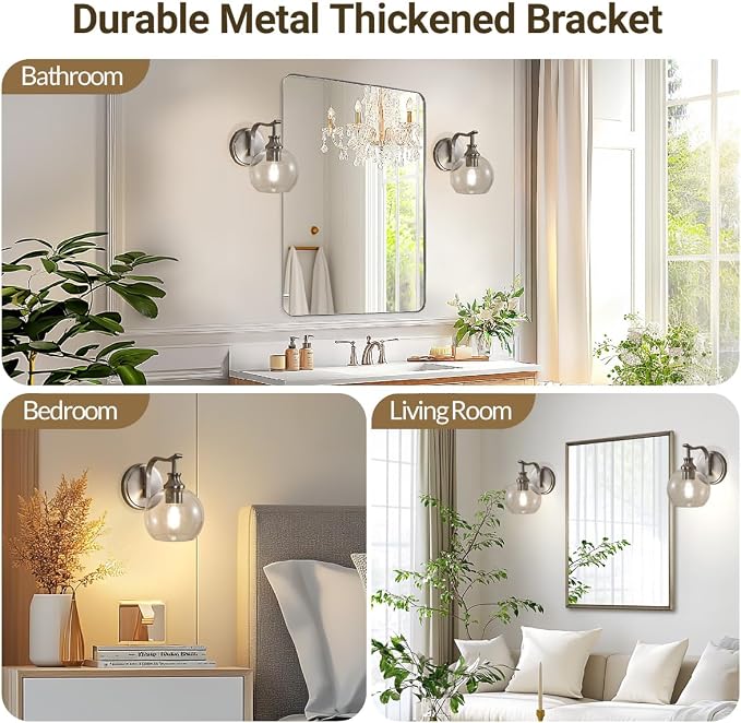Brushed Nickel Bathroom Light Fixtures, 1-Light Vanity Lights, Modern Bathroom Wall Sconces Lighting with Globe Clear Glass Shade Up or Down Wall Mounted for Kitchen, Living Room, Hallway
