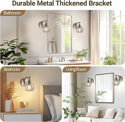 Brushed Nickel Bathroom Light Fixtures, 1-Light Vanity Lights, Modern Bathroom Wall Sconces Lighting with Globe Clear Glass Shade Up or Down Wall Mounted for Kitchen, Living Room, Hallway