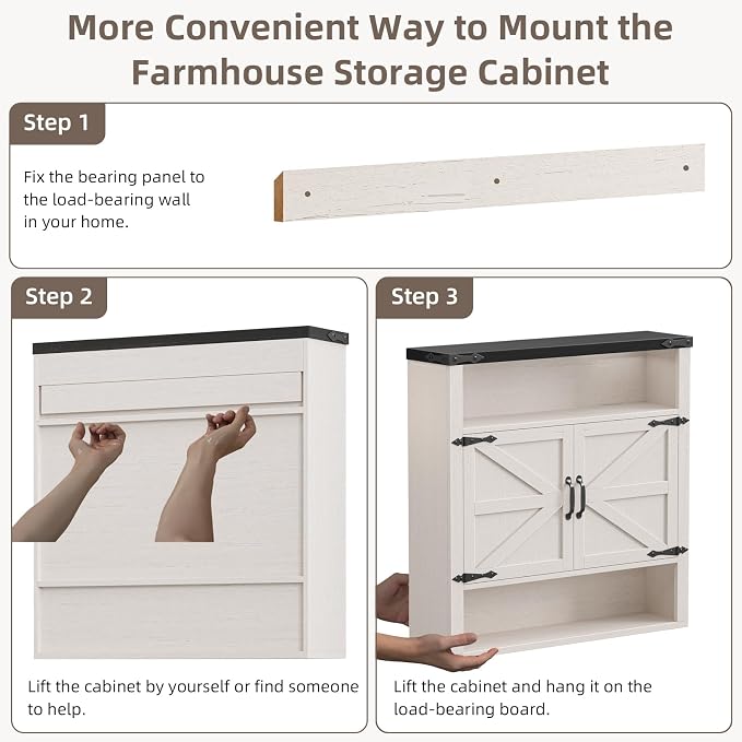 Bathroom Wall Cabinet, Farmhouse Medicine Cabinet with Adjustable Shelves and 2 Barn Doors, Wall Mounted Over the Toilet Storage Cabinet for Bathroom, Laundry Room, Kitchen, Rustic White and Black