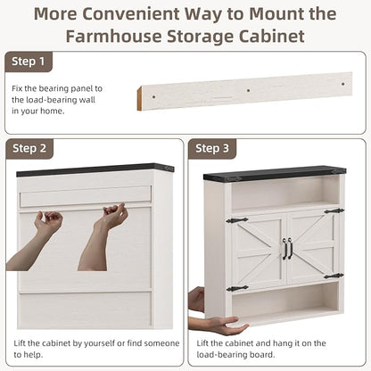 Bathroom Wall Cabinet, Farmhouse Medicine Cabinet with Adjustable Shelves and 2 Barn Doors, Wall Mounted Over the Toilet Storage Cabinet for Bathroom, Laundry Room, Kitchen, Rustic White and Black
