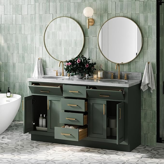 ARIEL Hepburn 61 Inch Double Oval Sink Bathroom Vanity with Carrara White Marble Countertop 1.5 Inch in Vintage Green