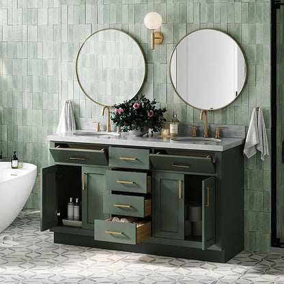 ARIEL Hepburn 61 Inch Double Oval Sink Bathroom Vanity with Carrara White Marble Countertop 1.5 Inch in Vintage Green