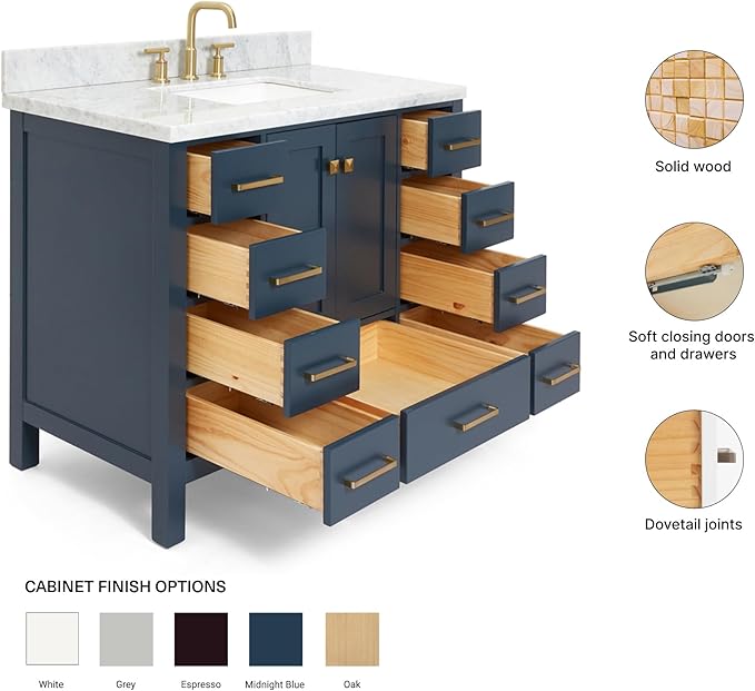 ARIEL Cambridge 42-inch Bathroom Vanity with Sink,Solid Wood, 1.5-inch Italian Carrara Marble Countertop, Single Rectangular Porcelain Sink, 2 Soft Closing Doors, 9 Dovetail Drawers, Midnight Blue