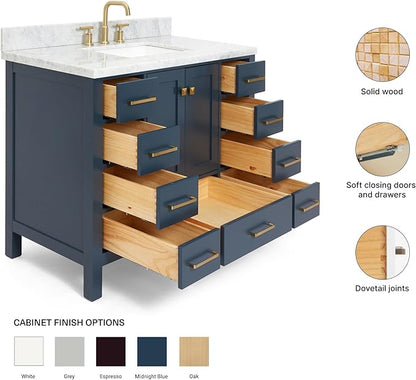 ARIEL Cambridge 42-inch Bathroom Vanity with Sink,Solid Wood, 1.5-inch Italian Carrara Marble Countertop, Single Rectangular Porcelain Sink, 2 Soft Closing Doors, 9 Dovetail Drawers, Midnight Blue