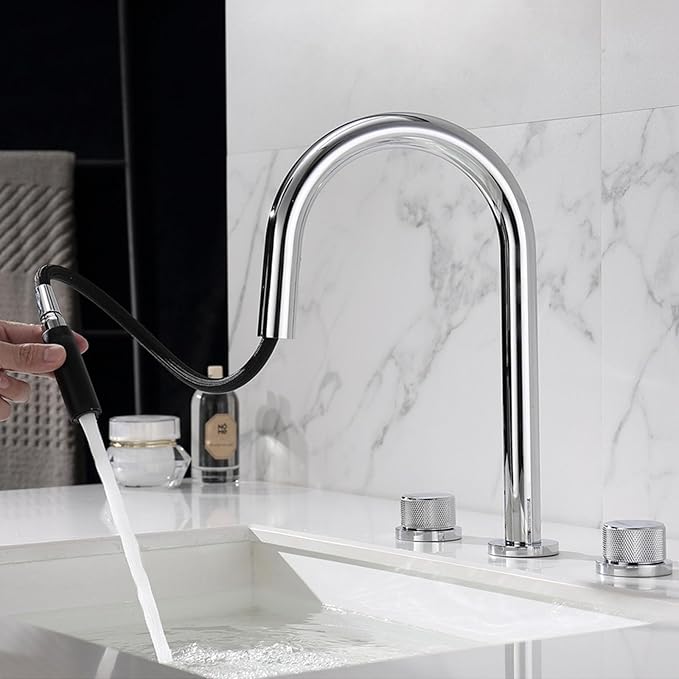 3 Hole Pull Out Faucet for Bathroom Sink Gooseneck Restroom Faucet Hot and Cold,Chrome Plated