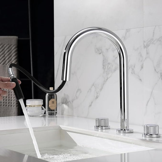 3 Hole Pull Out Faucet for Bathroom Sink Gooseneck Restroom Faucet Hot and Cold,Chrome Plated