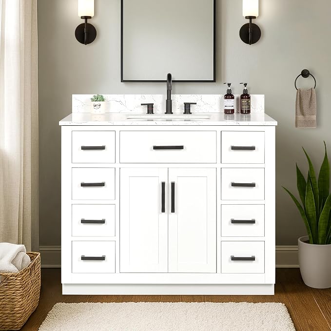 42-inch White Bathroom Vanity with Sink, Solid Wood, 0.79-inch Stone Countertop and Backsplash, 9 Drawers, 2 Soft Closing Doors