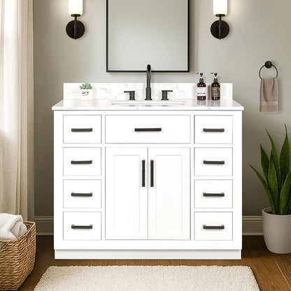 42-inch White Bathroom Vanity with Sink, Solid Wood, 0.79-inch Stone Countertop and Backsplash, 9 Drawers, 2 Soft Closing Doors