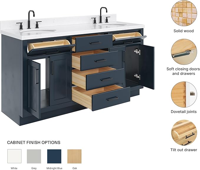 ARIEL Hepburn 66-inch Bathroom Vanity with Sink,Solid Wood, 1.5-inch Carrara White Quartz Countertop, Double Oval Porcelain Sink, 4 Soft Closing Doors, 6 Dovetail Drawers, Midnight Blue