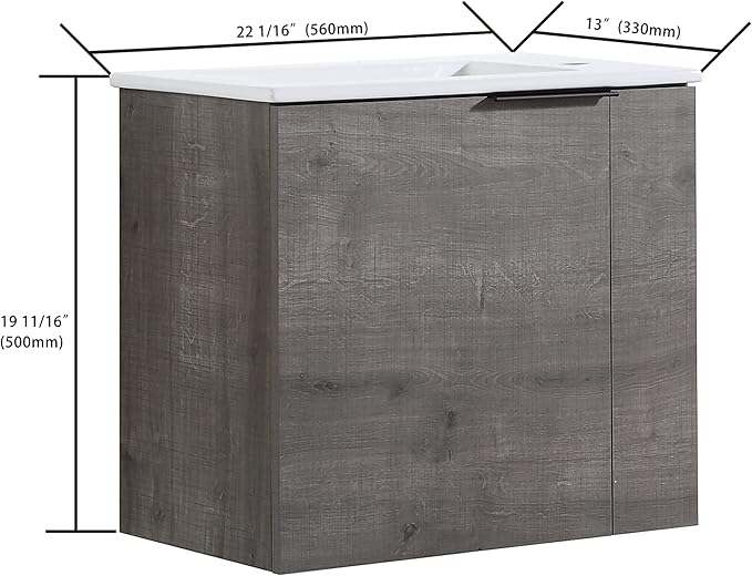 22" Floating Bathroom Vanity with Sink, Mordern Grey Vanity Combo for Small Bathroom, Single Bath Wall Mounted Cabinet Side for Narrow Space, 1 Door and 1 Ceramics Basin. (002-Plaid Grey Oak, 22 * 13)