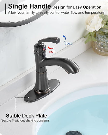 Brass One Hole Bathroom Faucet, 4 Inch Oil Rubbed Bronze Bathroom Faucets 3 Hole, Bathroom Sink Faucet Single Handle, Vanity Sink Faucet with Deck Plate, Pre-Installed Hoses, Pop-up Drain