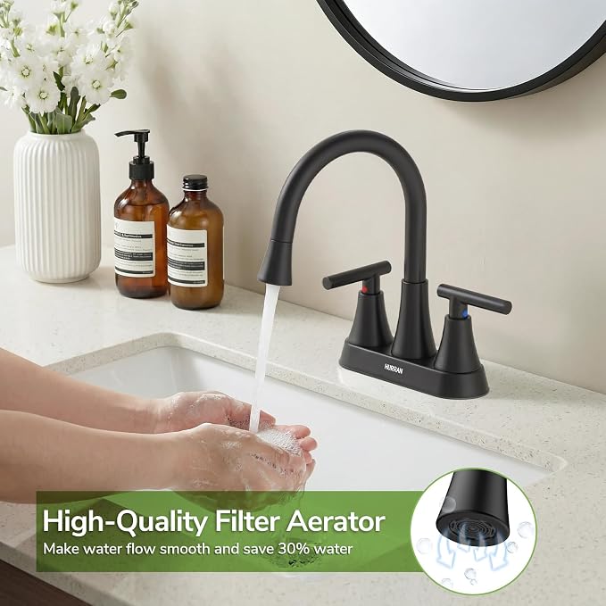 Centerset Bathroom Faucet with Pull Out Sprayer, 4 Inch 2 Handle Sink Faucet with Pop Up Drain, Stainless Steel Vanity Faucet with 2 Supply Hoses, Matte Black
