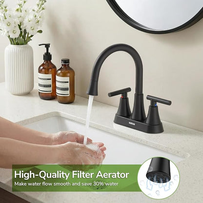 Centerset Bathroom Faucet with Pull Out Sprayer, 4 Inch 2 Handle Sink Faucet with Pop Up Drain, Stainless Steel Vanity Faucet with 2 Supply Hoses, Matte Black