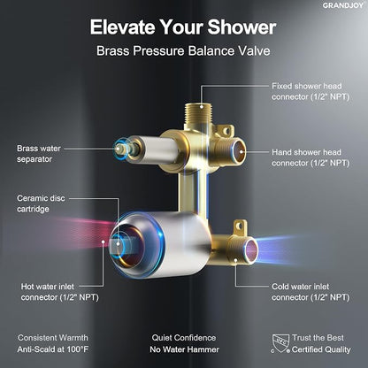 Wall Mount Shower System with Handheld Shower, Brushed Nickel | 6-inch rain head, pressure-balanced brass valve, 2-function control and included 59-inch hose