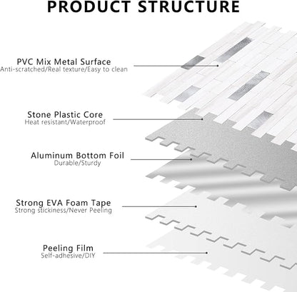 STICKGOO Peel and Stick Backsplash Tile, Stick on Backsplash for Kitchen and Bathroom, Dolomite White Marble Look PVC Mixed Metal Silver Self Adhesive Wall Tiles(10 Sheets)