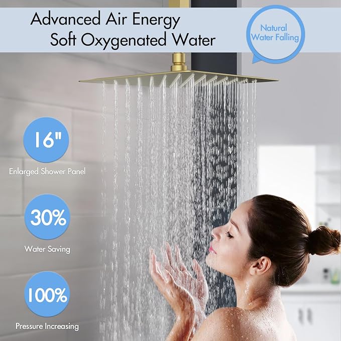 Shower Faucet Set Brushed Gold,Thermostatic Shower System with Body Jets,16 inch Ceiling Rainfall Faucet Set with with 6 PCS Dual Modes Body Jets(3 Inch) Can All Run Together