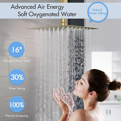 Shower Faucet Set Brushed Gold,Thermostatic Shower System with Body Jets,16 inch Ceiling Rainfall Faucet Set with with 6 PCS Dual Modes Body Jets(3 Inch) Can All Run Together