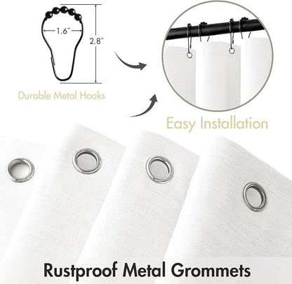 MIULEE Linen Fabric Shower Curtain White W60*L72 10 Metal Hooks | Washable, Modern, Heavy Duty, Curtain Set, Waterproof Neutral Thick Cloth Shower Curtains, Bathroom Bathtub