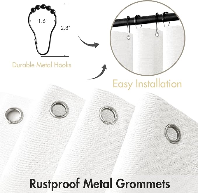 MIULEE Linen Fabric Shower Curtain White W72*L78 12 Metal Hooks | Modern, Heavy Duty, Shower Curtain Set, Waterproof Thick Cloth Shower Curtains, Bathroom Bathtub, Washable