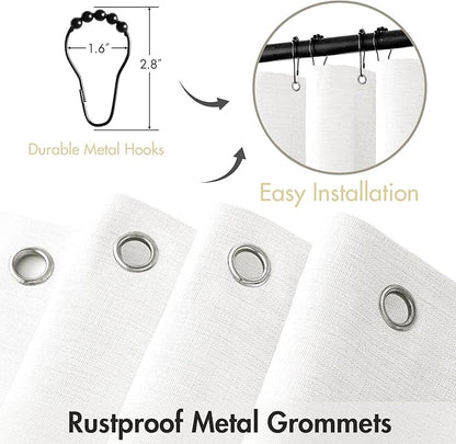 MIULEE W72*L90 Extra Long Linen Shower Curtain White 12 Metal Hooks | Washable, Heavy Fabric Shower Curtain Set, Waterproof Thick Cloth Shower Curtain, Bathroom Hotel Bathtub