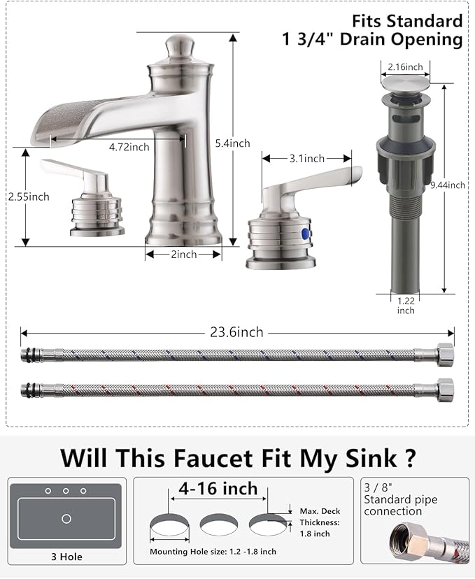 Fapully Brushed Nickel Bathroom Sink Faucet, Waterfall Bathroom Faucets 3 Hole, 8 Inch Widespread Bathroom Faucet with Pop-up Drain, 2-Handle Faucet for Bathroom Sink Vanity RV