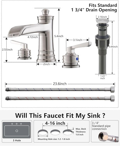 Fapully Brushed Nickel Bathroom Sink Faucet, Waterfall Bathroom Faucets 3 Hole, 8 Inch Widespread Bathroom Faucet with Pop-up Drain, 2-Handle Faucet for Bathroom Sink Vanity RV