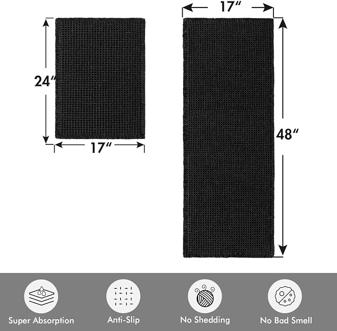 MIULEE Set of 2 Waffle Bathroom Rugs Boho Bath Mat Black 17"x24"+17"x48" | Non Slip, Super Absorbent, Washable, Ultra Soft, Rubber Backed, Small Bath Rug and Bathroom Runner for Floor Tub Shower