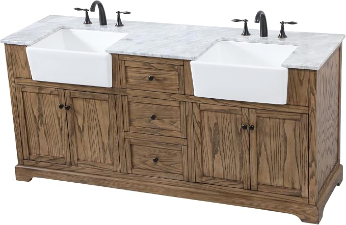 72" Pre-Assembled Bathroom Vanity with Sink, Solid Birch and MDF, Carrara White Marble Countertop Attached, Double Rectangle Porcelain Sink, 3 Soft-Close Drawers, Driftwood