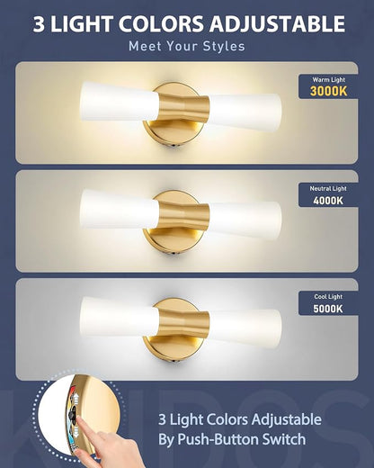 kudos 16 Inch Brushed Gold Vanity Light, Milk White Glass, 3CCT, KDVL13-GD | LED, 14W, 1100 Lumens, 3000K, 4000K and 5000K Selectable, Hardwired,for Bathrooms and Bedrooms