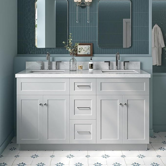 ARIEL Hamlet 60-inch Bathroom Vanity with Sink,Solid Wood, 1.5-inch Italian Carrara Marble Countertop & Backsplash, Double Rectangular Porcelain Sink, 4 Soft Closing Doors, 3 Dovetail Drawers, Grey