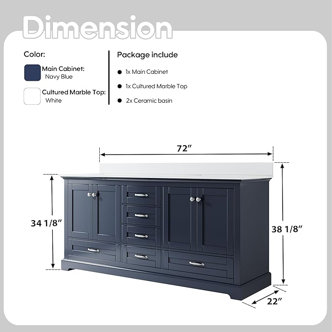 WELLFOR 72 Inch Bathroom Vanity with Double Sinks, Solid Wood Bathroom Vanity W/4 Soft-Close Doors and 6 Drawers, Cultured Marble Countertop Bathroom Vanities W/Two Sinks, (Navy Blue)