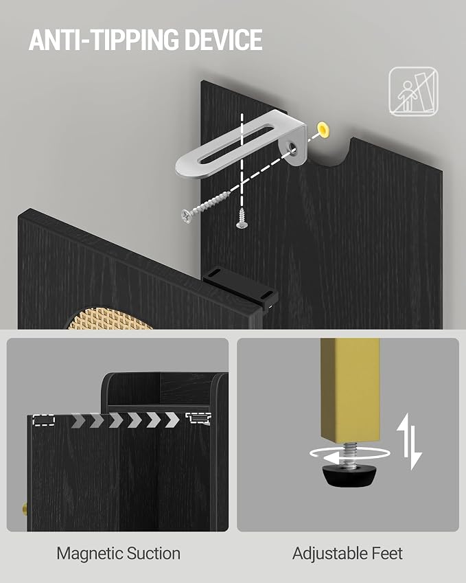 Hzuaneri Slim Bathroom Storage Cabinet, Narrow Bathroom Organizers,3 Doors | Narrow Storage Cabinet with 4 Adjustable Feet, Laundry Room Organization for Small Space, Kitchen,Living Room,Rattan Black