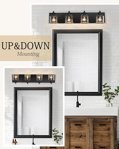 Vanity Lights for Bathroom Large 31.5", Farmhouse Rustic Vanity Light with Bubble Glass Shades, Black 4 Light Bathroom Lighting Fixtures Over Mirror, Bath Wall Sconce Home Decor