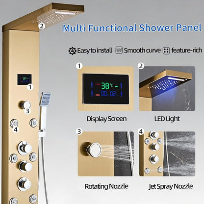 LED 5-in-1 Shower Panel Tower System,Brushed Gold | 304 Stainless Steel Shower Panel Tower Column with Powerful Body Jets, Rainfall, Waterfall,Handheld and Tub Spout