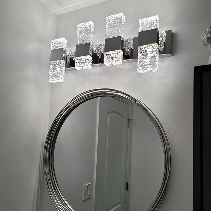 Modern LED Bathroom Vanity Light Fixtures Chrome Stainless Steel 4 Light Wall Sconces for Bathroom Lighting Fuxture Over Mirror 28 Inch 40w LED Crystal Wall Light Cool White 5800K