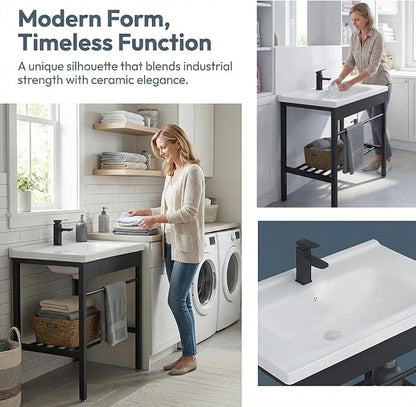 Freestanding Bathroom Console Sink, Bathroom Vanity with Sink, 28.3" x 19" x 32.3" Ceramic Console Sink Set With Bracket, Utility Sink for Laundry Room, Washing Room, Garage, Basement, Outdoor, Indoor | 19" x 28.3" x 32.3" Ceramic Console Sink with Bra...