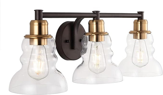 JONATHAN Y 25.5" Brass Gold/Oil Rubbed Bronze Modern Industrial Rustic 3-Light LED Vanity Light with Clear Glass Shade, Vintage Wall Sconce for Bathroom Kitchen Hallway, LED Bulb Included (JYL3546A)