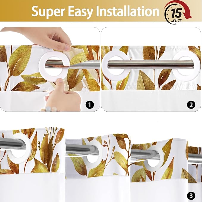 No Hook Shower Curtain and Liner Set, Yellow Eucalyptus 71x74 | Floral Design, with Snap in Liner, Waterproof, Machine Washable, Quick-Drying, for Hotel Bathroom