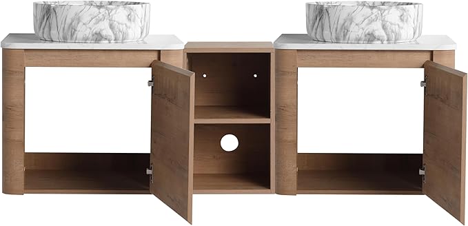 Malwee 60" Floating Bathroom Vanity with Sink, 60 Inch Wall Mounted Bathroom Cabinet Combo, Modern Double Sink Bath Storage Vanity Set, with 2 Soft Close Doors and Ceramic Vessel Basin Top(60-QQ