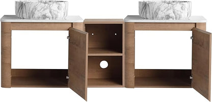 Malwee 60" Floating Bathroom Vanity with Sink, 60 Inch Wall Mounted Bathroom Cabinet Combo, Modern Double Sink Bath Storage Vanity Set, with 2 Soft Close Doors and Ceramic Vessel Basin Top(60-QQ