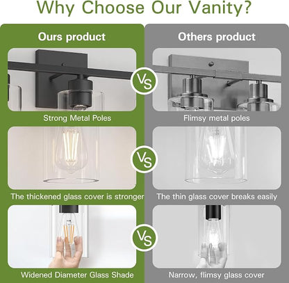 Matte Black Bathroom Vanity Light, 3-Light Vanity Lighting fixtures Over Mirror, Round Design & UL Certification, Wall Sconces with Clear Glass Shades, E26 Socket (Bulbs Not Included)
