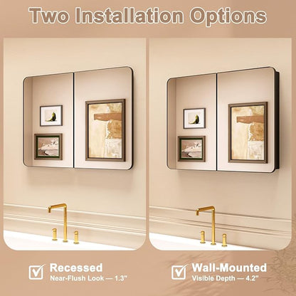 32x24 in Double Door Medicine Cabinet with Mirror, Matte Black | Fully Assembled; Recessed or Surface Wall Mount; Metal Cabinet with Tempered Glass Mirror and Two Adjustable Glass Shelves