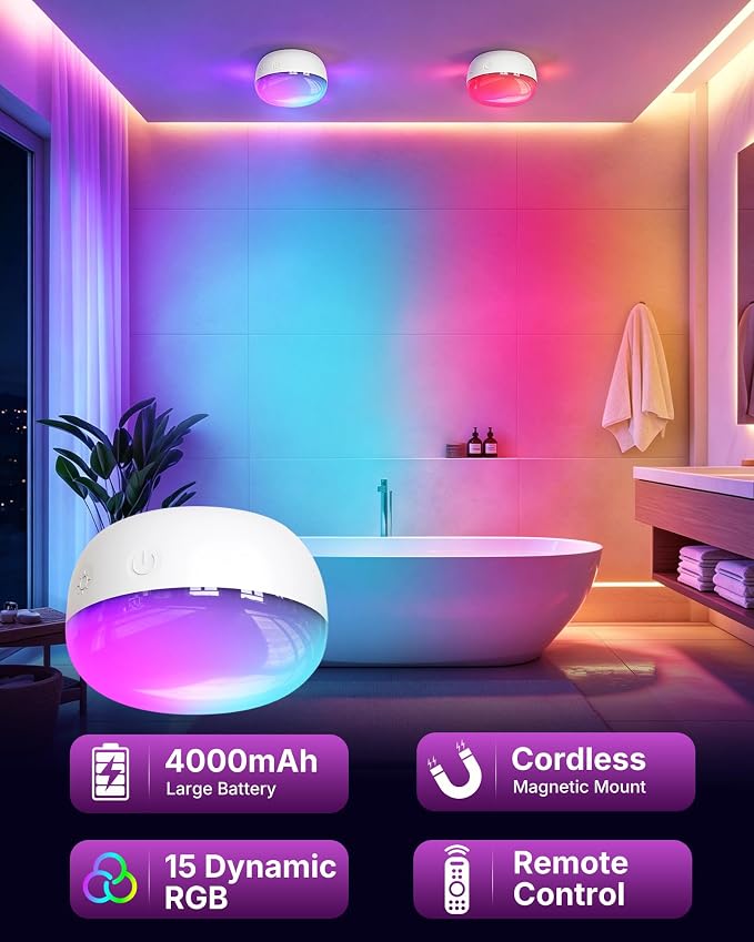 Rechargeable Shower Light, 4″ Round, 300LM Bright, 4000mAh Waterproof Shower Lamp with Remote, 15 RGB Colors & 3 CCT White, Dimmable Cordless LED Bathroom Light, Magnetic Mount Mood Lighting