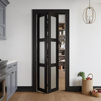 Bifold Doors for 30" x 80" Opening,Tempered Frosted Glass,Black | Closet Folding Doors with Hardware kit Included, Easy Assembly for Pantry Closet,Water-Proof PVC Surface