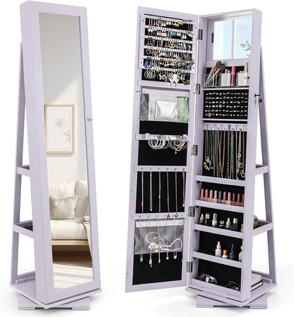 CHARMAID 360° Swivel Jewelry Armoire with Full Length Mirror, Standing Lockable Jewelry Cabinet Organizer, Large Storage Capacity, Inside Makeup Mirror, Back Storage Shelves (Lavender)