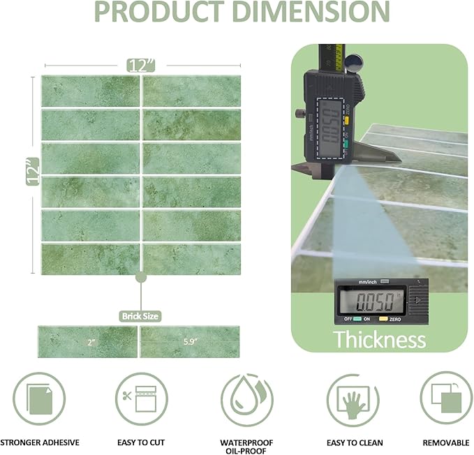 Green Peel and Stick Backsplach Tile, 12"x12" Back Splash Stick on Tiles for Kitchen, Bathroom, 10 Sheets