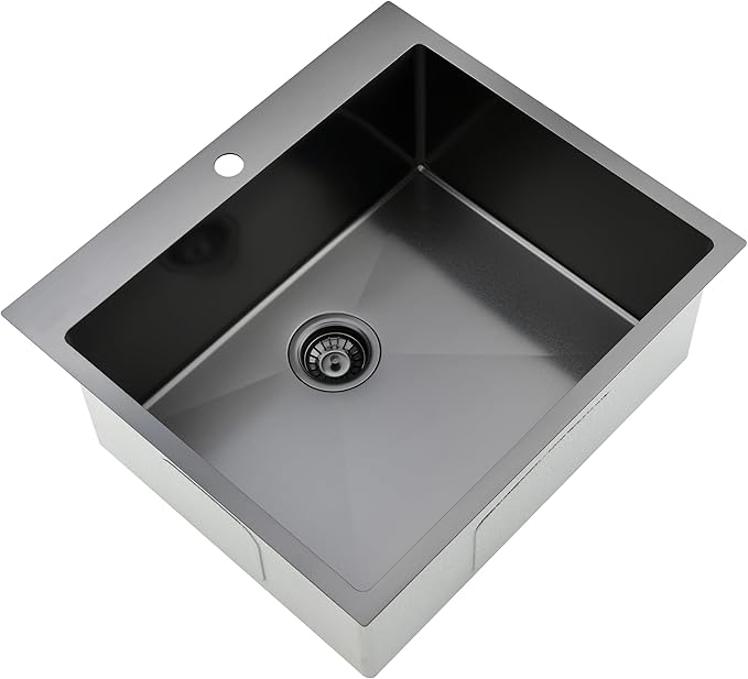 Comllen 25 x 22 Inch Drop In Black Kitchen Sink,Topmount 16 Gauge Stainless Steel Black Kitchen Sinks, 9 Inch Deep Utility RV Sink with Basket Strainer
